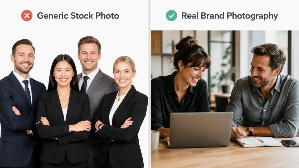 Side-by-side comparison of generic stock photography versus authentic brand photography on a small business website