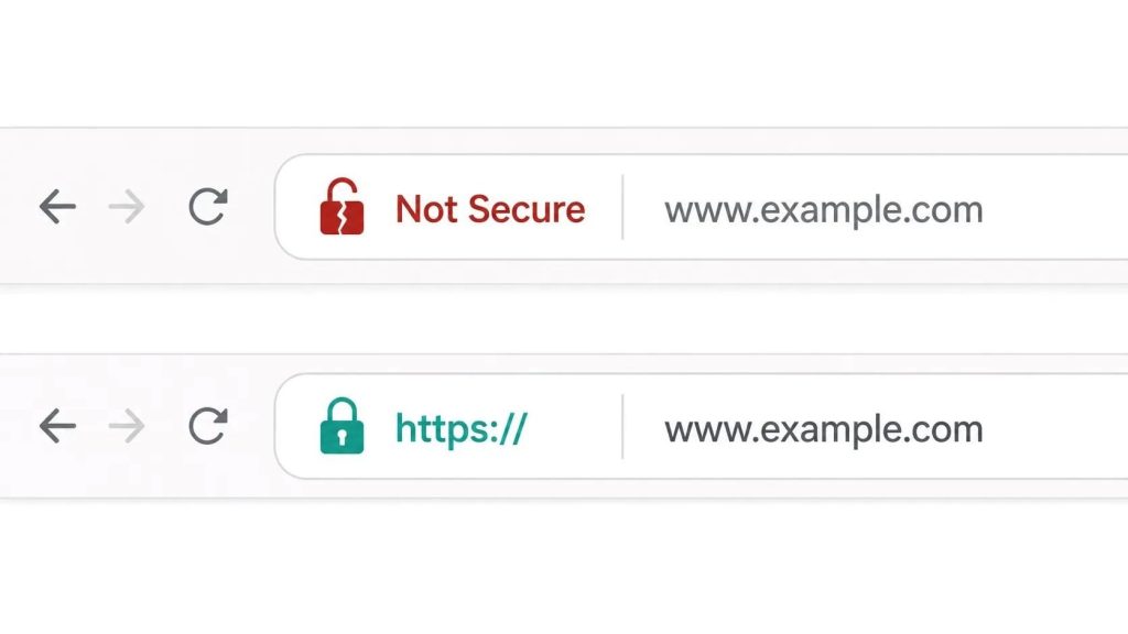 Browser address bar comparison showing a 'Not Secure' HTTP warning versus a secure HTTPS padlock