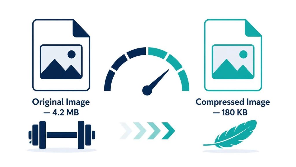 Image compression comparison showing a 4MB unoptimized file versus a 180KB optimized file and its effect on website speed