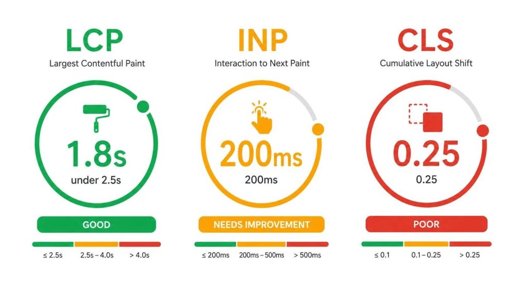 Core Web Vitals dashboard illustration showing LCP, INP, and CLS scores with good, needs improvement, and poor status bands