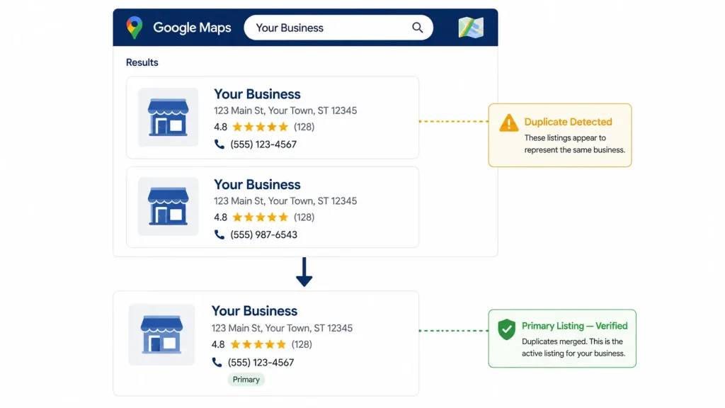 Illustration showing an unverified Google Business Profile with pending status versus a suspended listing with a policy violation stamp