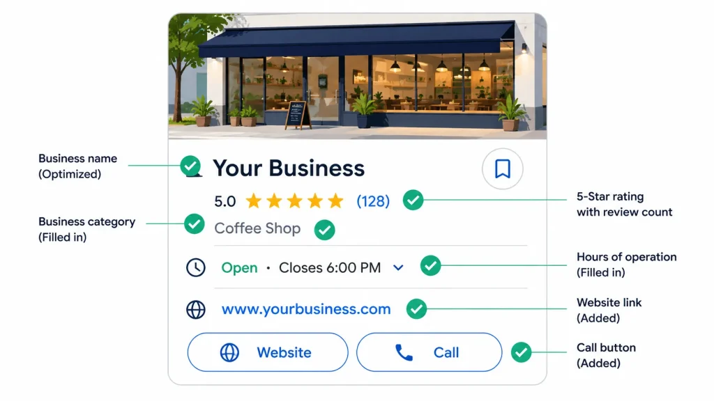 Optimized Google Business Profile listing illustration showing completed photo, category, hours, reviews, and contact sections