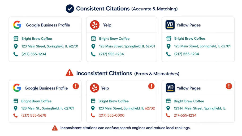NAP consistency illustration comparing matching business name, address, and phone across directories versus inconsistent citation formats