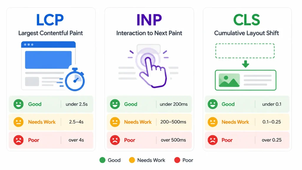 Three Core Web Vitals metric cards showing LCP, INP, and CLS with good, needs improvement, and poor score thresholds