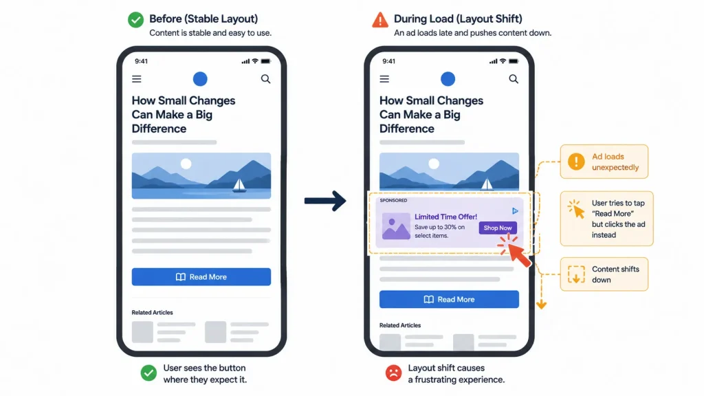 Illustration of Cumulative Layout Shift showing a page element jumping as a late-loading ad pushes content down causing an accidental misclick