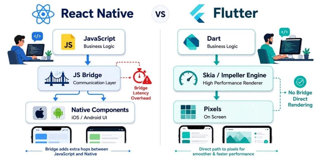 Architecture diagram comparing React Native's JavaScript bridge rendering versus Flutter's direct Dart-to-pixel rendering engine