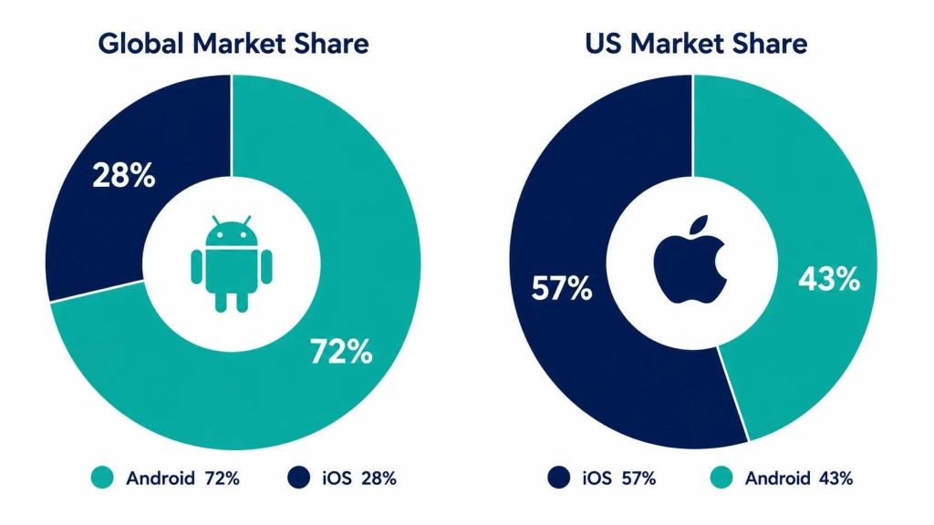 Donut chart comparison of iOS versus Android global and US market share for mobile app platform decisions