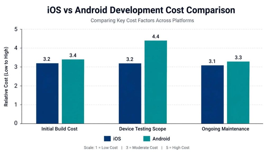Bar chart comparing iOS and Android app development costs across initial build, device testing, and maintenance