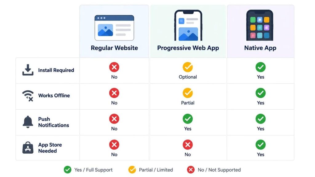 Comparison table illustration of a regular website versus a progressive web app versus a native mobile app across key capabilities