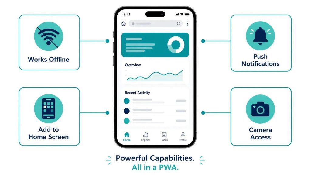 Illustration of progressive web app capabilities including offline mode, push notifications, home screen install, and camera access