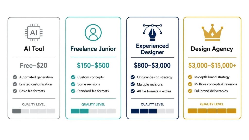 Logo design price range comparison chart from AI tools to design agencies in 2026