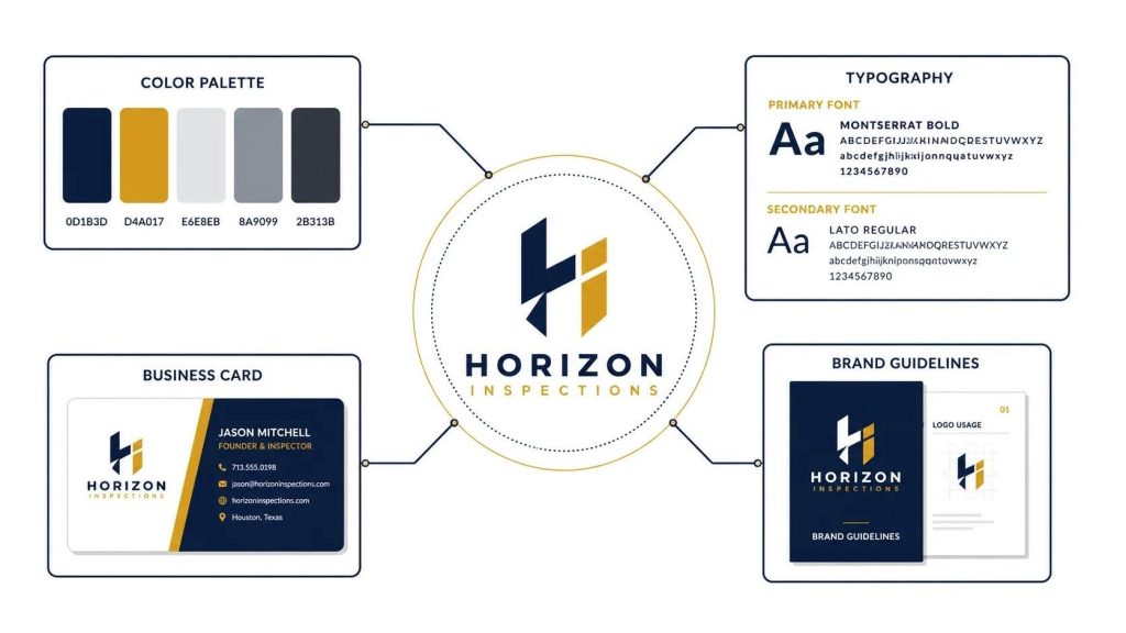 Brand identity system illustration showing a logo mark connected to color palette, typography, business card, and brand guidelines