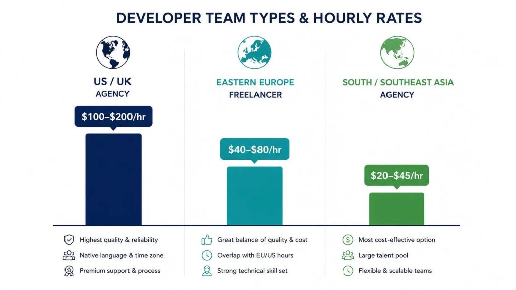 Mobile app development hourly rate comparison by team location showing US agency versus Eastern Europe versus Asia pricing