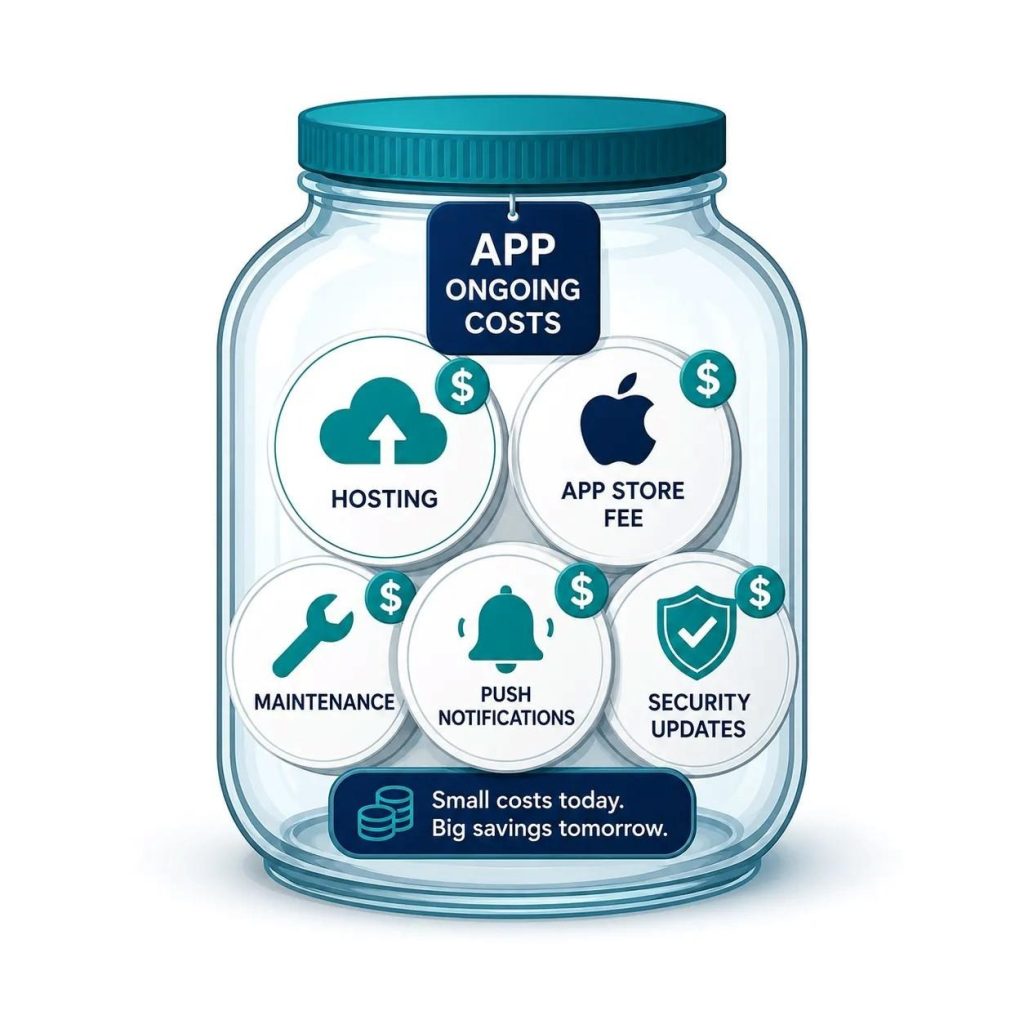Illustration of hidden mobile app development costs including hosting, App Store fees, maintenance, and push notifications