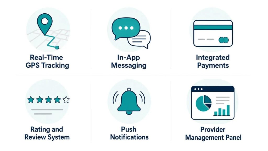 Six core feature icons illustrating what an on-demand app needs including GPS tracking, payments, and ratings