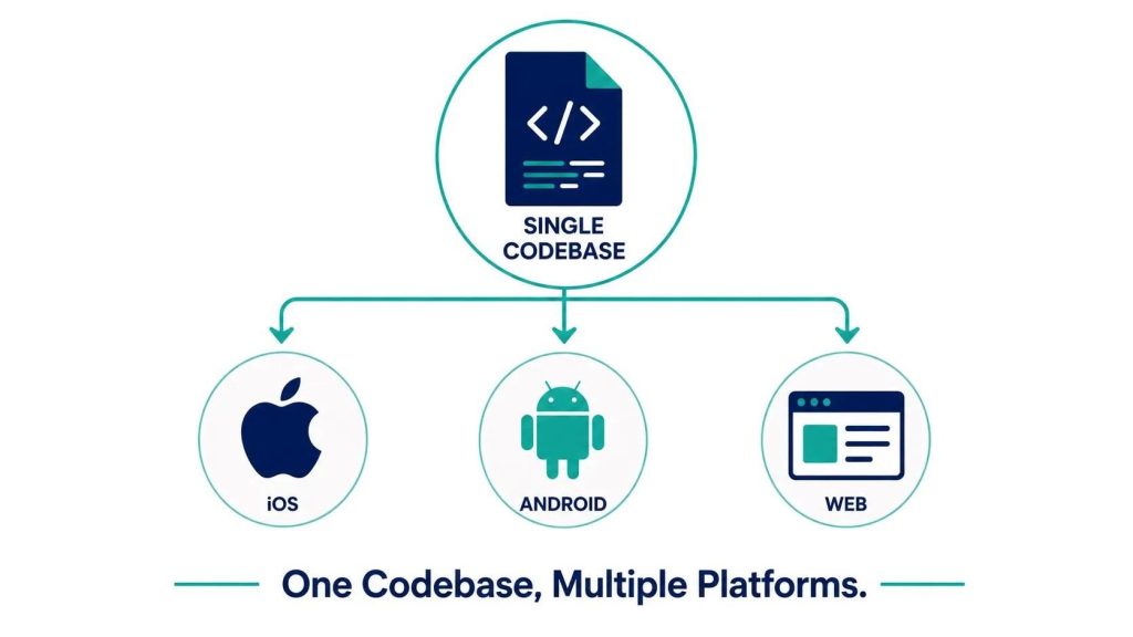 Diagram showing one shared codebase compiling to iOS, Android, and web platforms in cross-platform app development