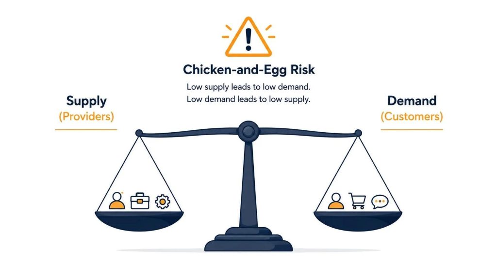 Illustration of the chicken-and-egg marketplace risk in on-demand app development showing imbalanced supply and demand sides