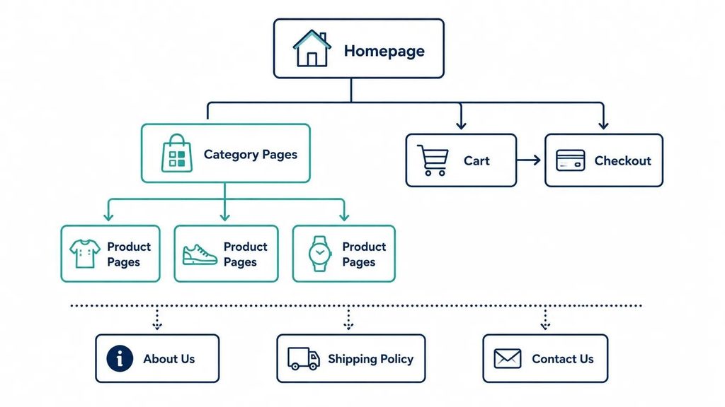 E-commerce website structure diagram showing homepage, category pages, product pages, cart, and checkout hierarchy for conversions