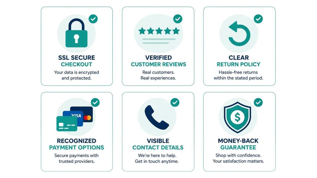 Six e-commerce trust signals illustrated as badges including SSL security, customer reviews, return policy, and payment options