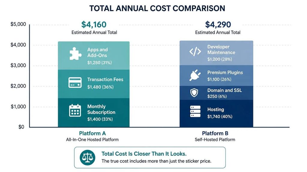 Stacked bar chart comparing total annual e-commerce platform costs including subscriptions, transaction fees, hosting, plugins, and maintenance