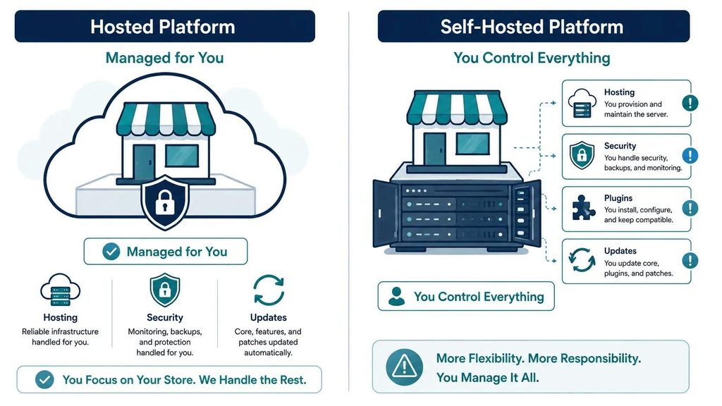 Illustration comparing a fully hosted e-commerce platform with managed infrastructure versus a self-hosted platform with full owner control