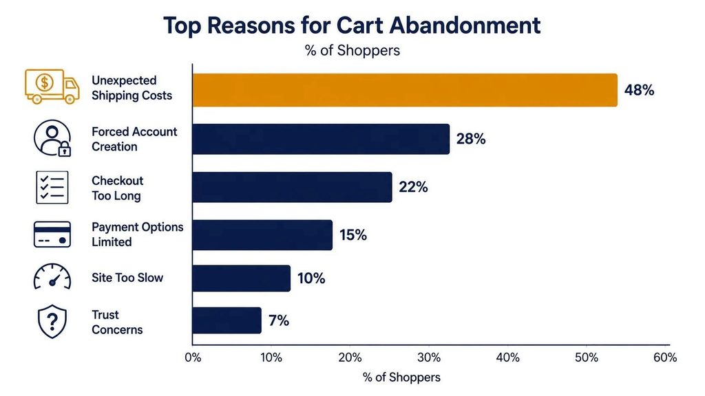 Bar chart showing the most common cart abandonment reasons ranked including unexpected shipping costs and forced account creation