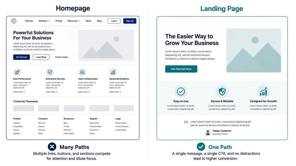 Wireframe comparison showing a homepage with multiple navigation paths versus a landing page with a single focused conversion path