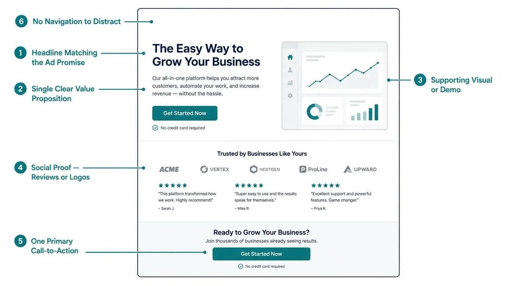 Annotated landing page wireframe showing six conversion elements including message match, single value proposition, social proof, and one call-to-action