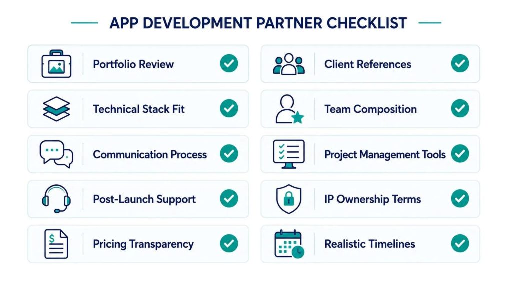 Ten-item checklist illustration for evaluating a mobile app development company before hiring