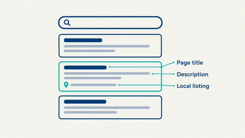 Alt text: Generic search results layout with callouts marking page title, description and local listing