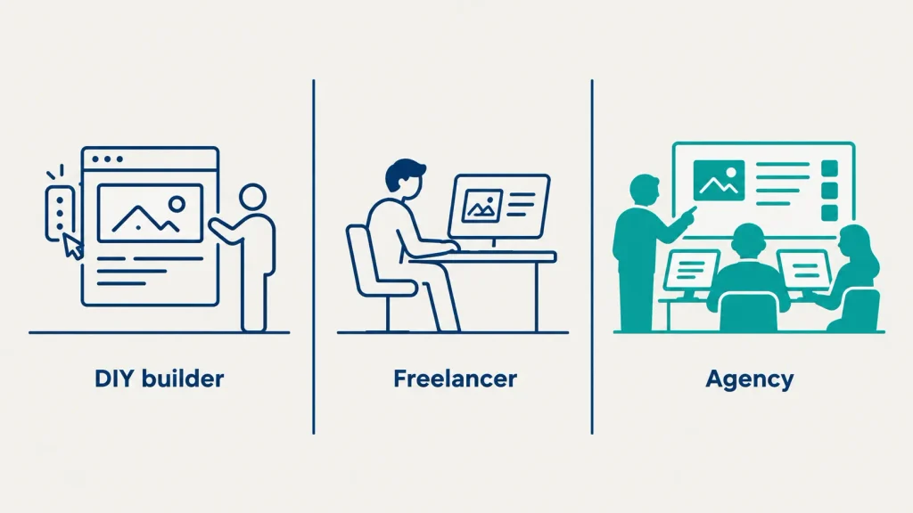 Three-panel comparison of DIY builder, freelancer and agency routes for building a small business website