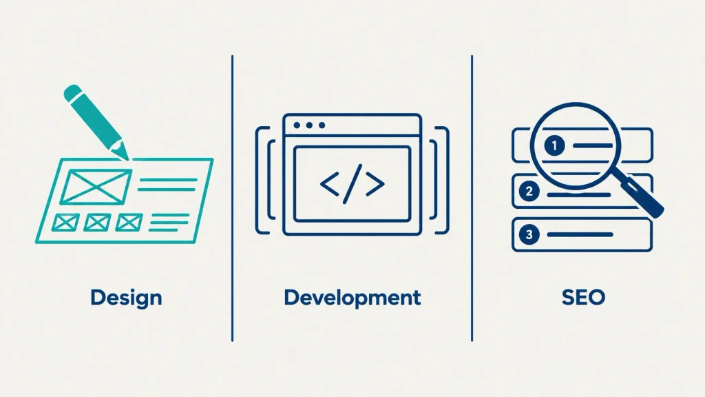 Three-panel diagram distinguishing web design from web development and SEO work