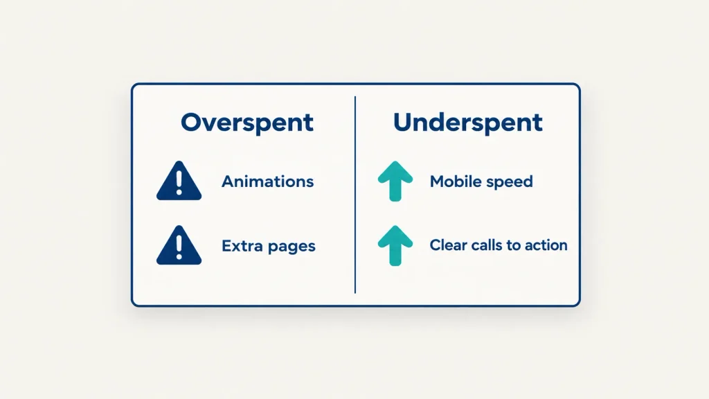 Split card contrasting where small businesses overspend on websites against what they underfund