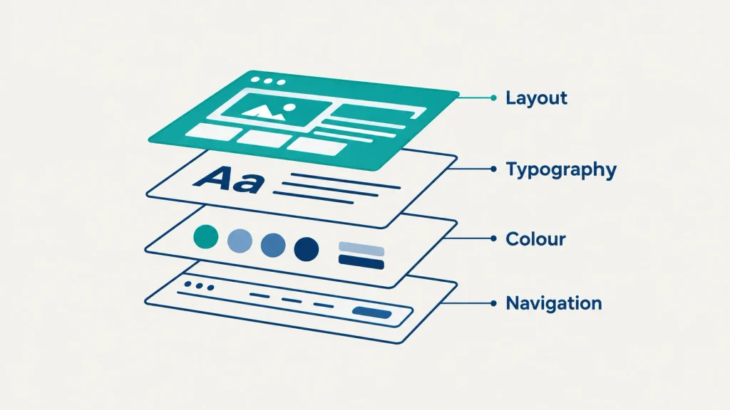 Exploded browser diagram showing layout, typography, colour and navigation as parts of web design