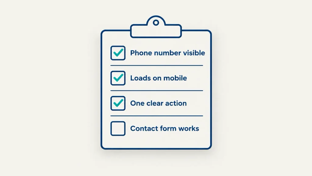 Clipboard checklist of four web design items a business owner can check on their own site