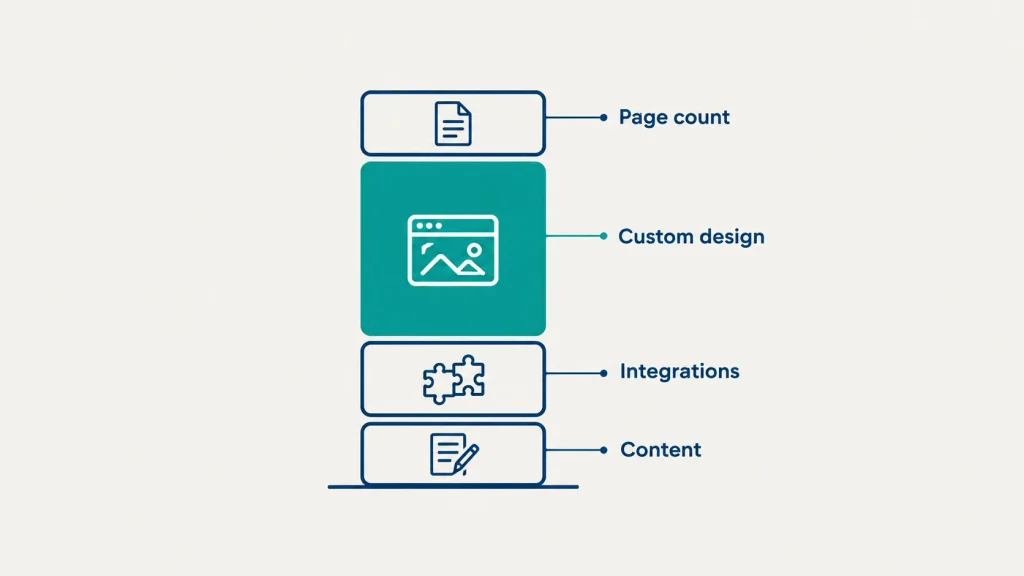 Stacked block diagram showing page count, design, integrations and content driving website price