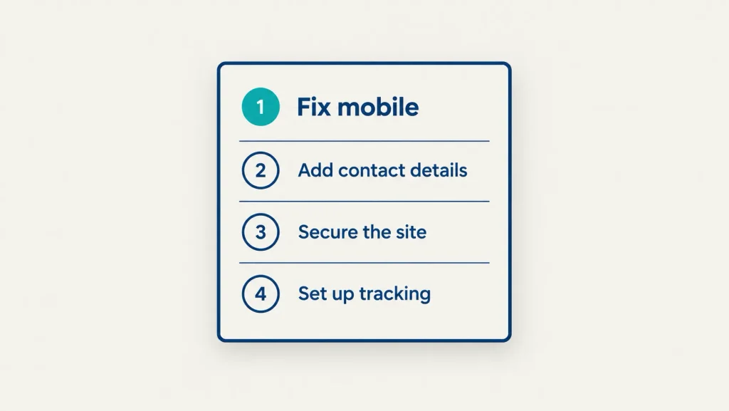 Alt text: Numbered card ordering the first four website fixes small businesses should make