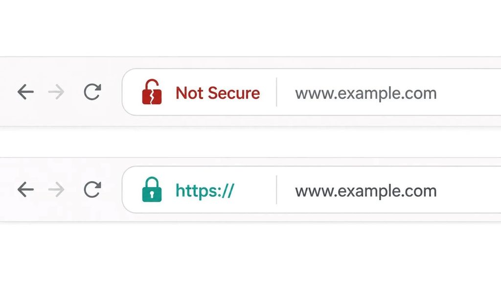 Browser address bar comparison showing a 'Not Secure' HTTP warning versus a secure HTTPS padlock