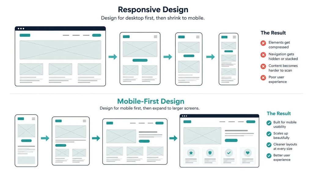 Illustration comparing responsive design scaling down from desktop versus mobile-first design scaling up from mobile